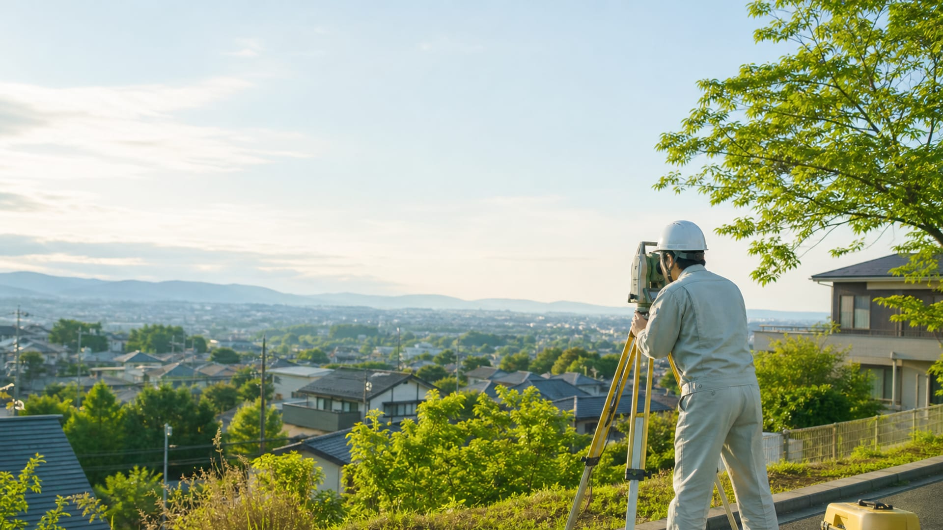 奈良の住宅地でトータルステーションを据えて測量を行う測量士