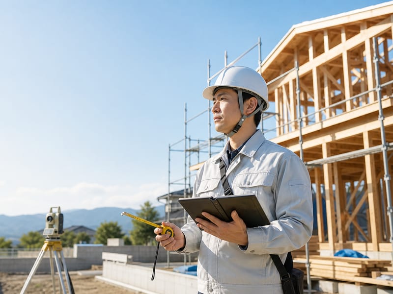 建築現場で建物を調査する土地家屋調査士