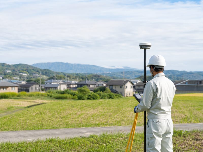 GNSS測量機を操作して土地を測量する測量士